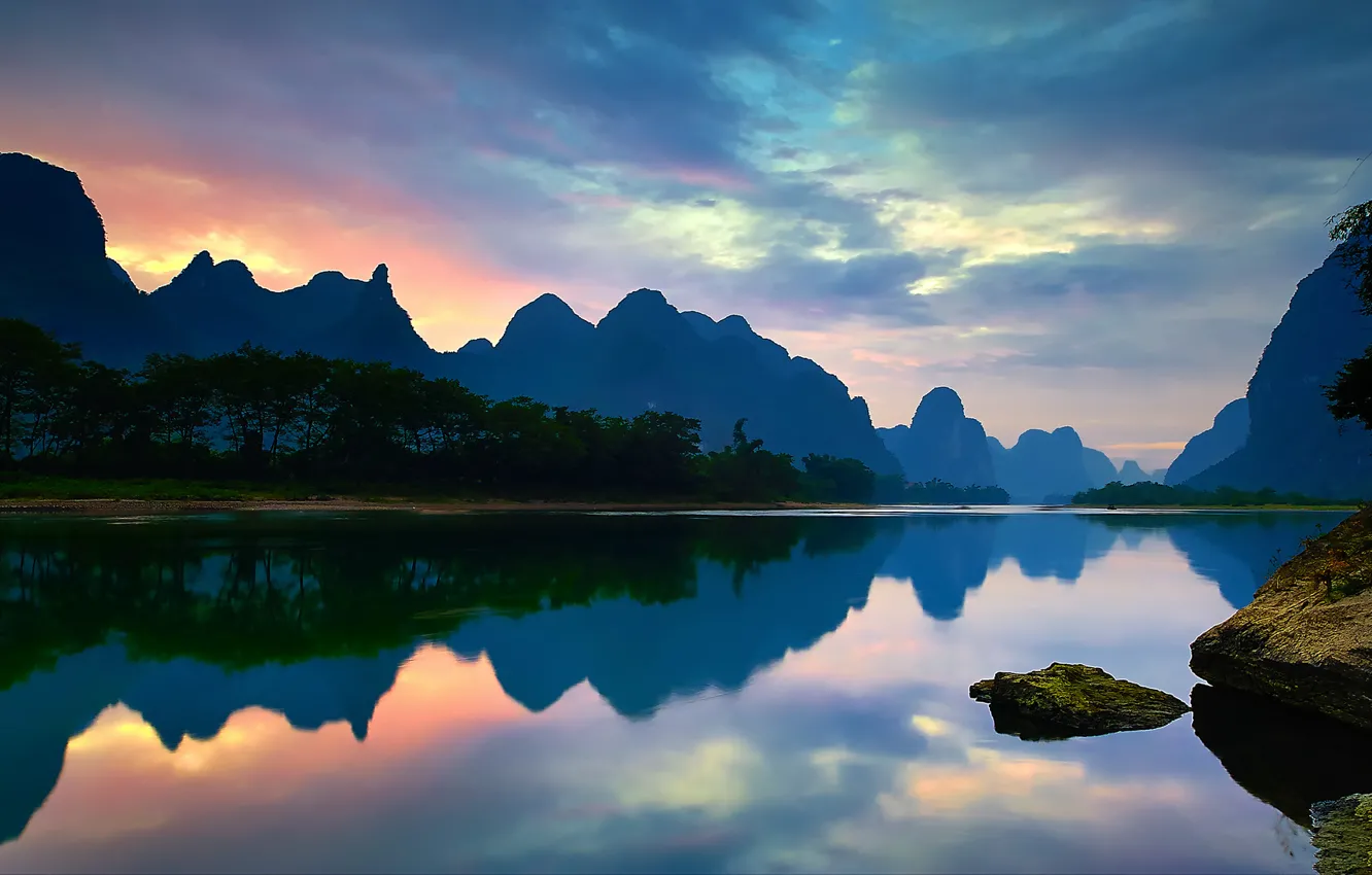 Photo wallpaper clouds, sunset, mountains, reflection, river, mirror, China, Guangxi