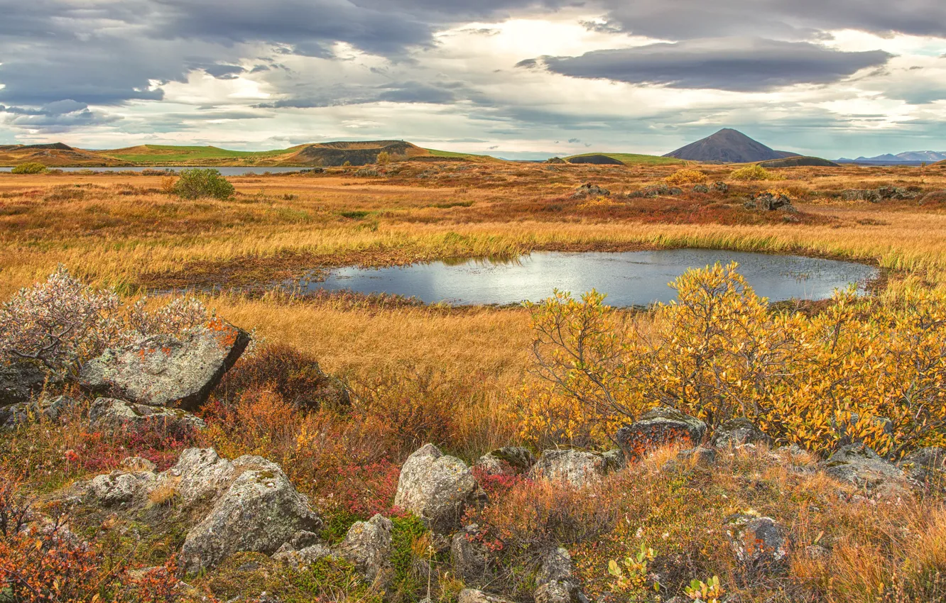 Photo wallpaper autumn, the sky, grass, mountains, clouds, lake, stones, crater