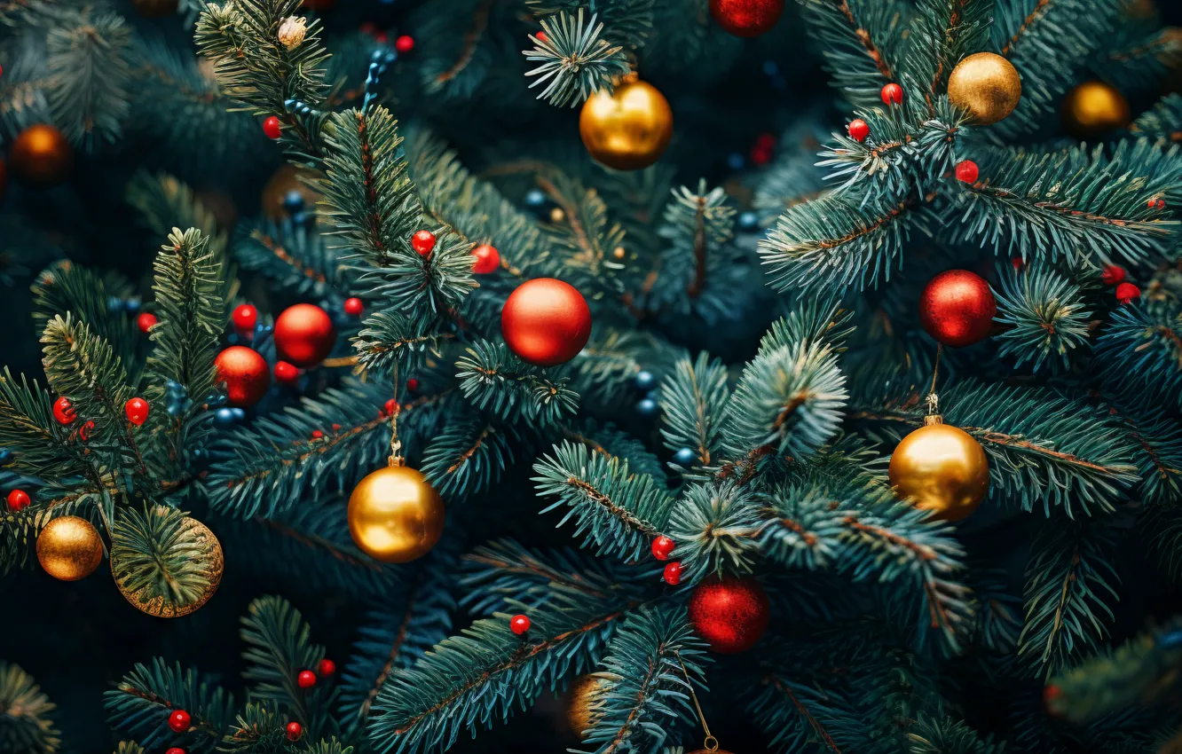 Photo wallpaper balls, branches, balls, Christmas, New year, tree