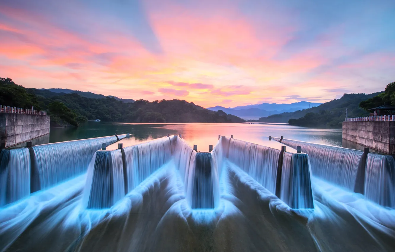 Photo wallpaper clouds, sunset, mountains, river, shore, for, waterfall, stream