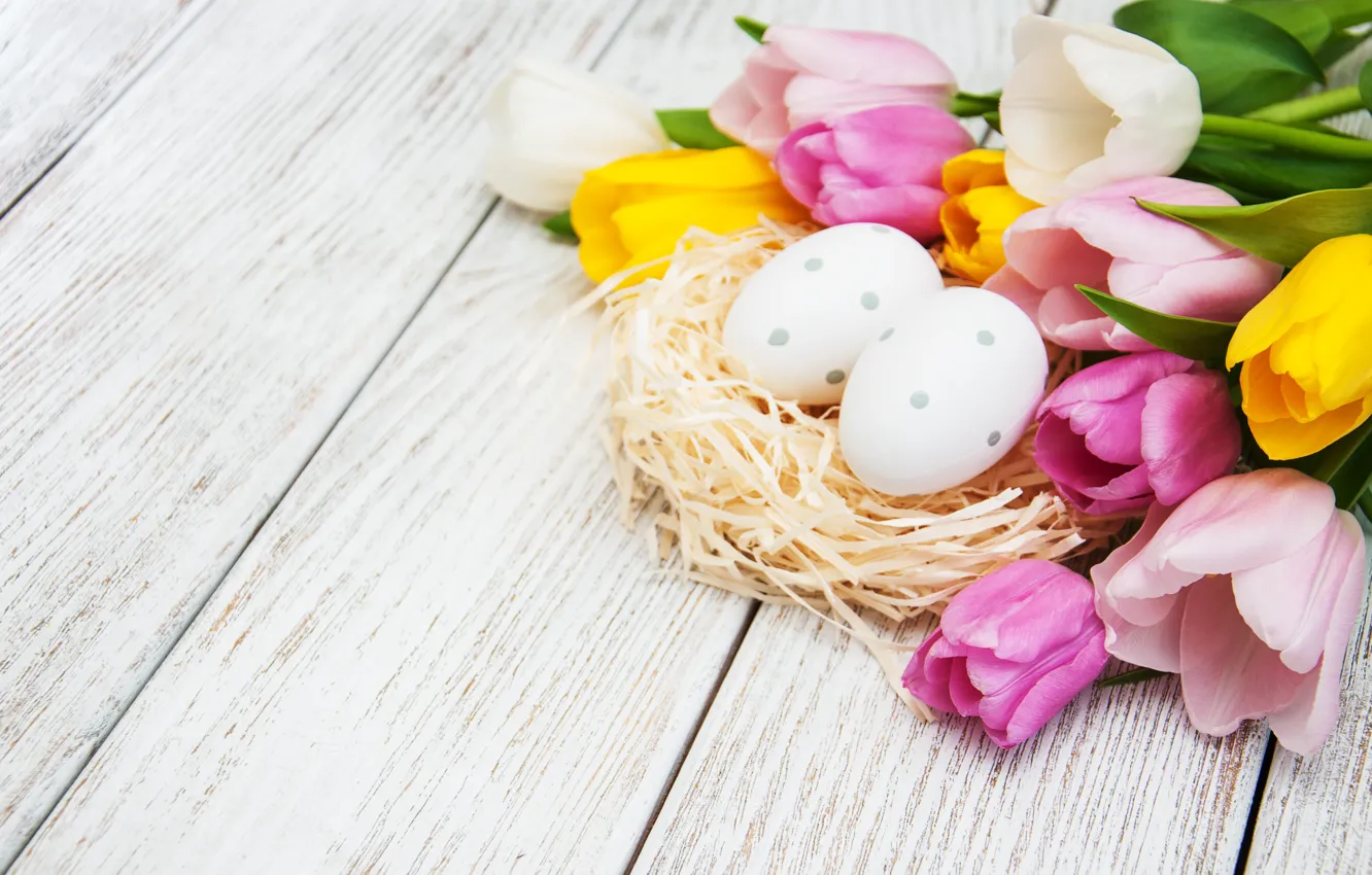 Photo wallpaper flowers, eggs, spring, colorful, Easter, tulips, happy, wood
