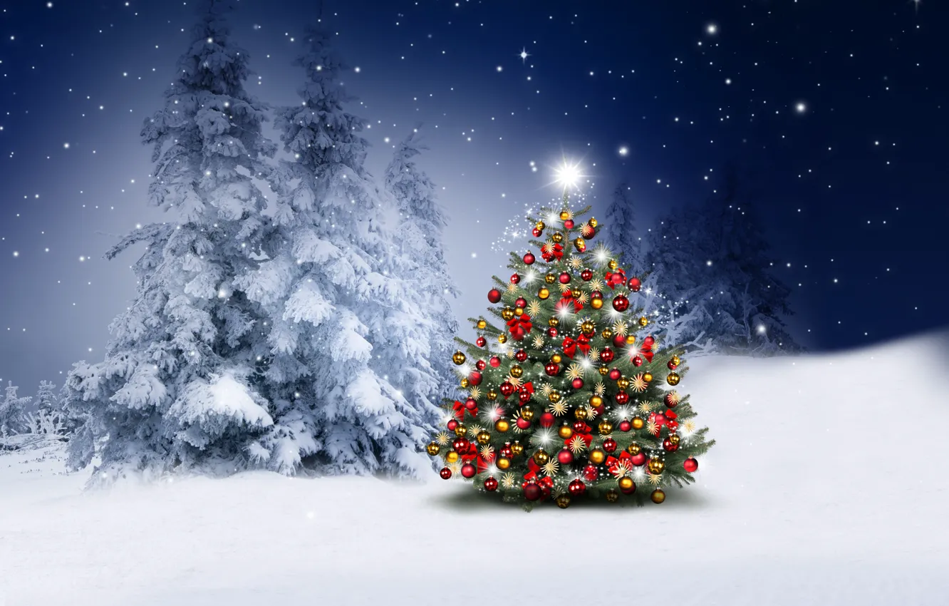 Photo wallpaper winter, snow, decoration, snowflakes, balls, tree, New Year, Christmas