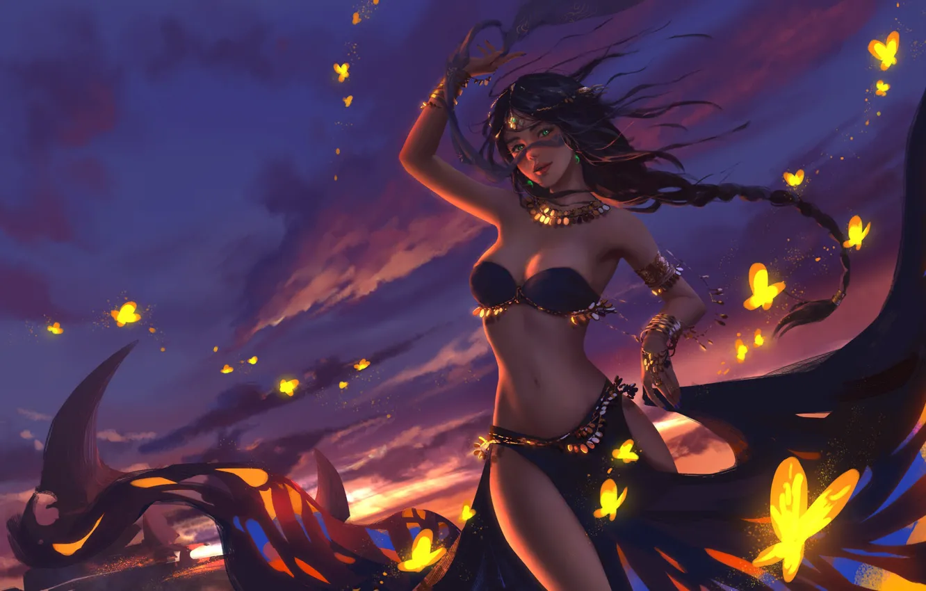 Photo wallpaper girl, sunset, butterfly, figure, dance, the evening, figure, art