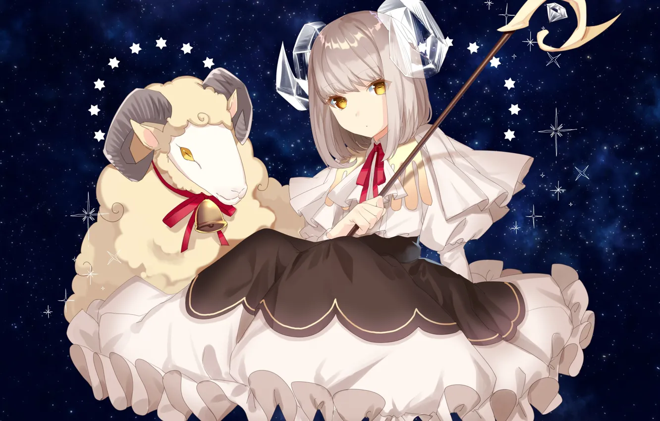 Photo wallpaper animal, anime, art, girl, horns, Aries, lamb