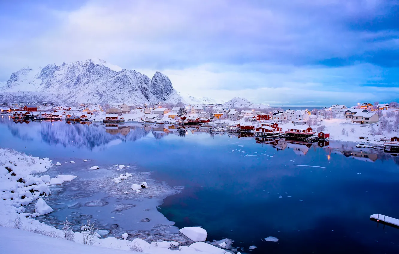 Photo wallpaper winter, snow, mountains, Norway, town, the village, the fjord