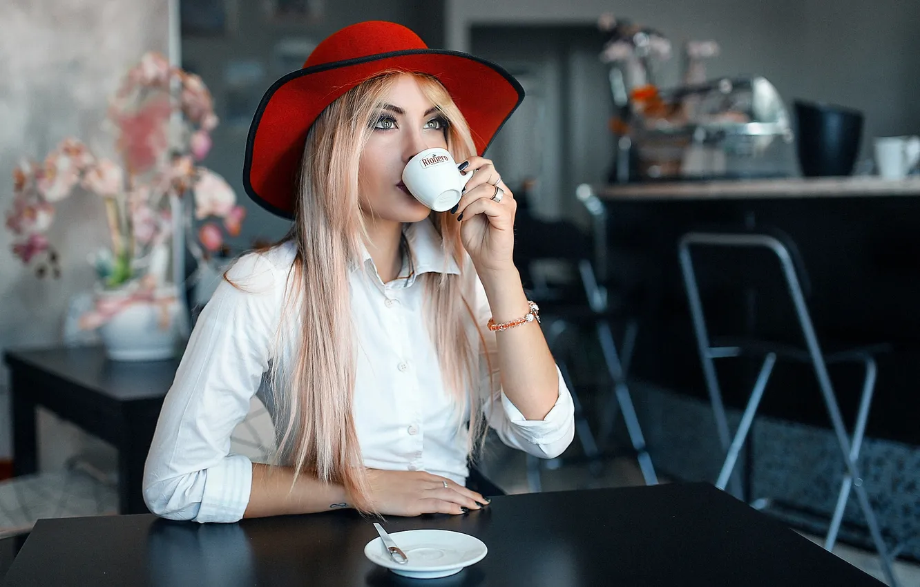 Photo wallpaper girl, table, hat, blonde, Cup, Alessandro Di Cicco