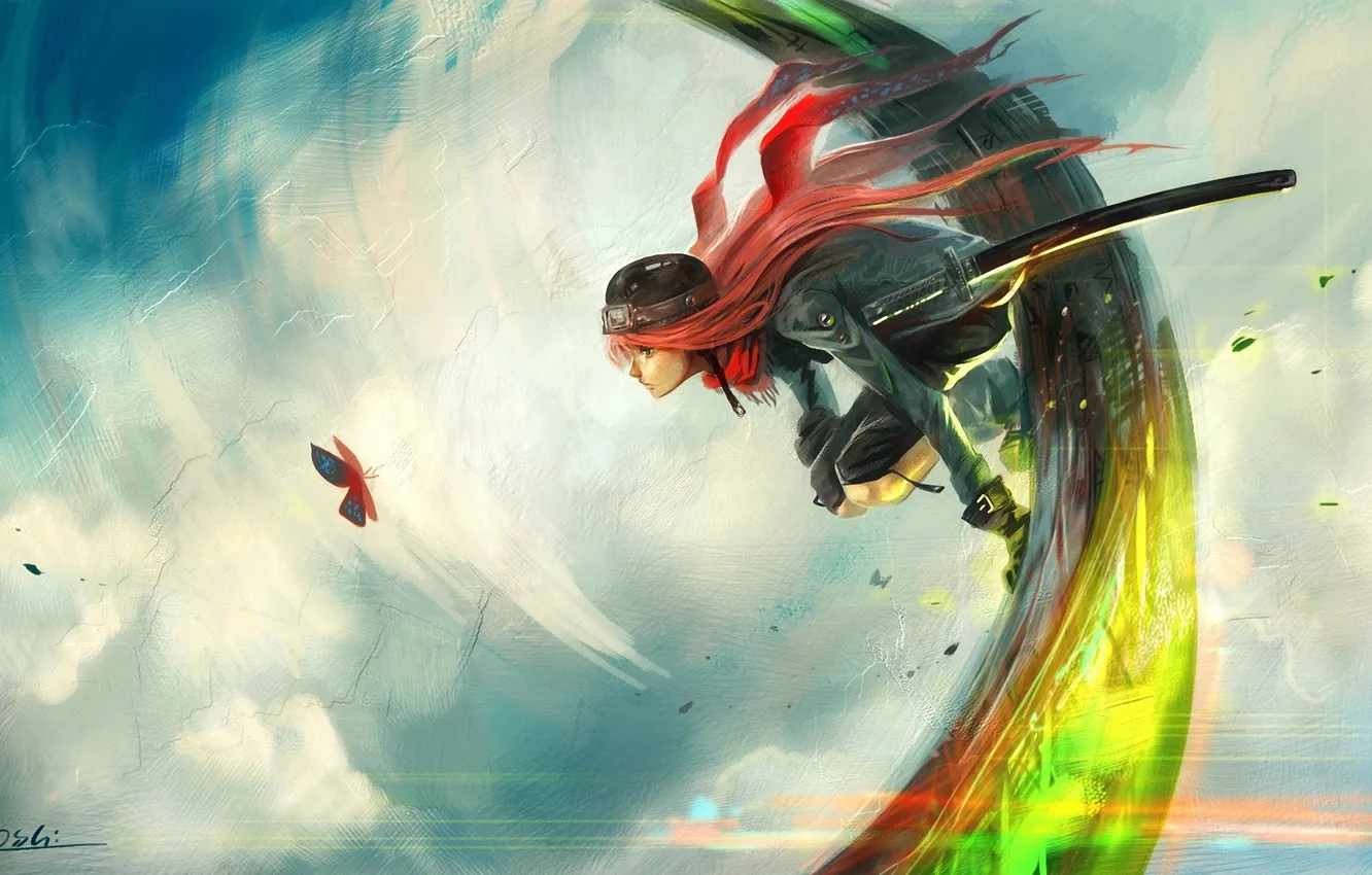 Photo wallpaper the sky, girl, butterfly, sword, katana, art, helmet