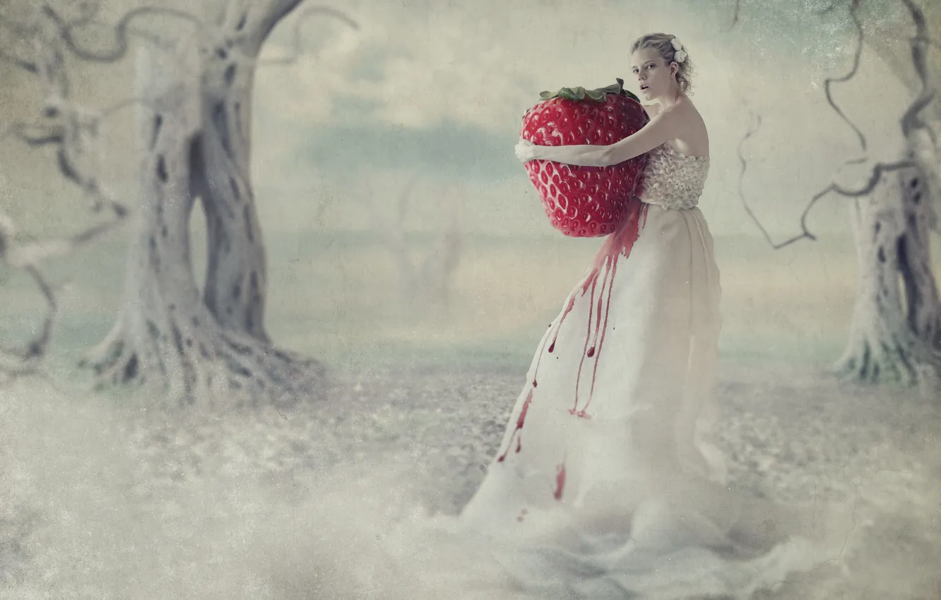 Photo wallpaper girl, trees, berries, strawberry, blonde