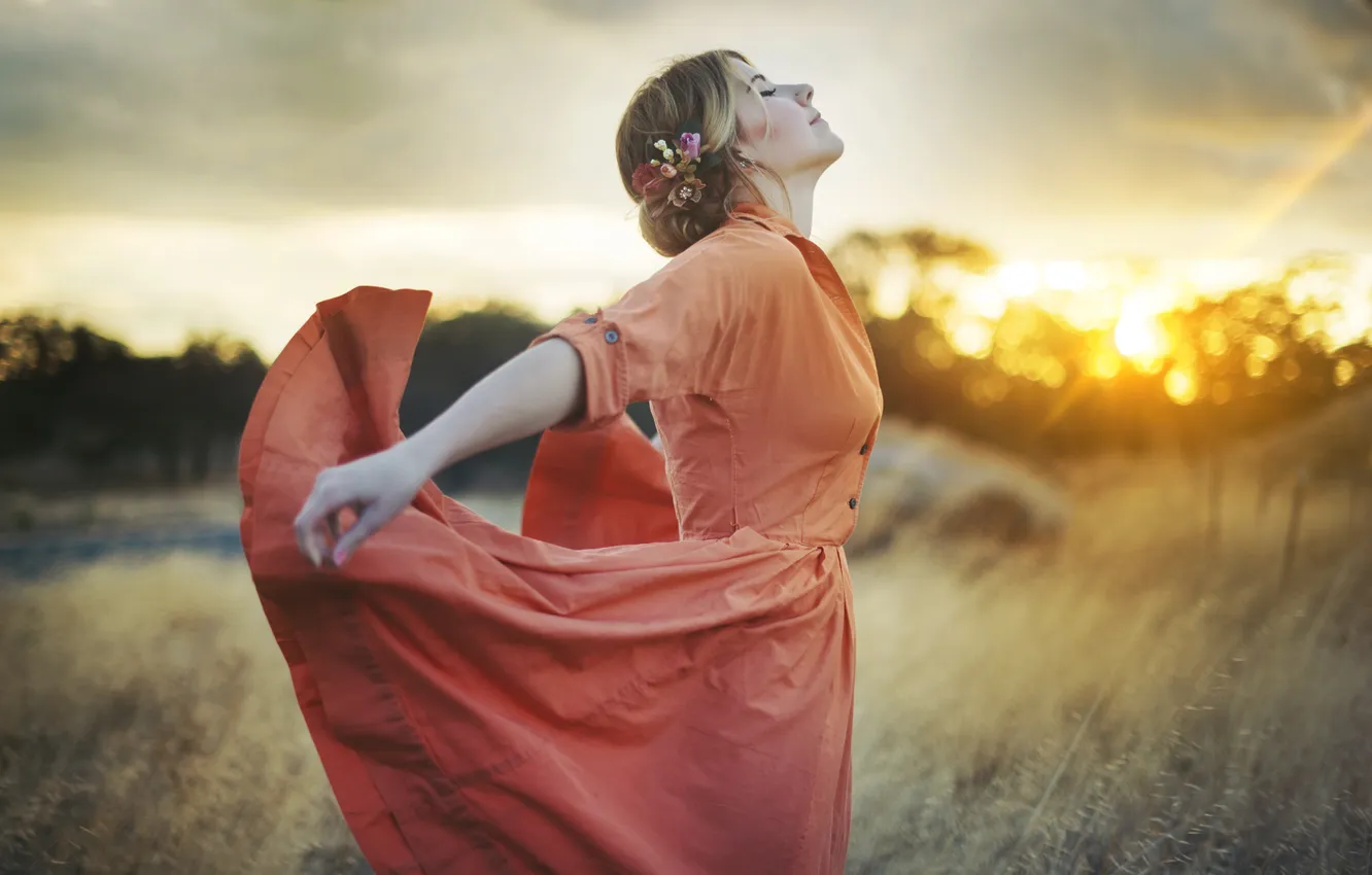 Photo wallpaper girl, sunset, dress, profile