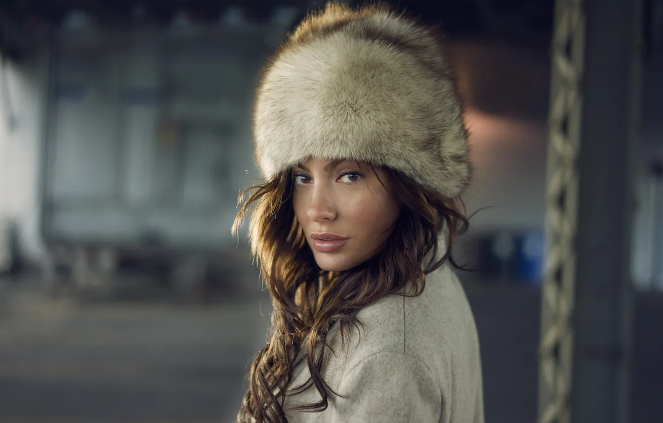 Photo wallpaper look, girl, hat, fur
