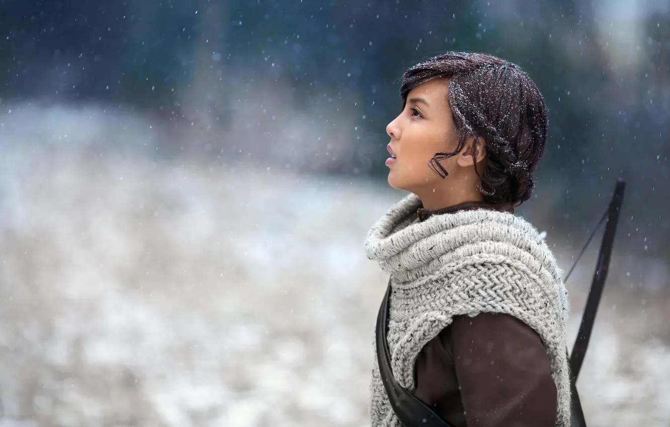 Photo wallpaper winter, forest, girl, snow, bow, hunting