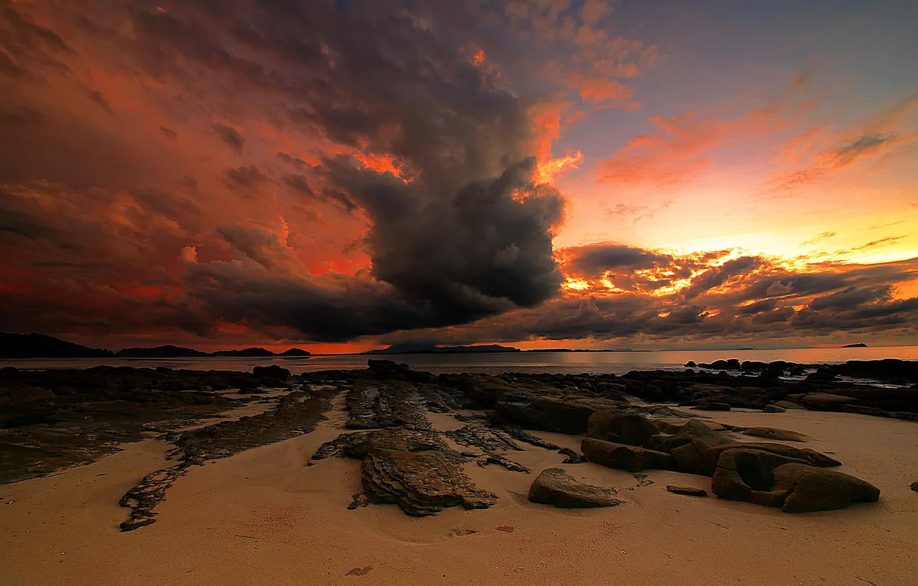 Photo wallpaper sand, beach, the sky, sunset, clouds, stones, the ocean