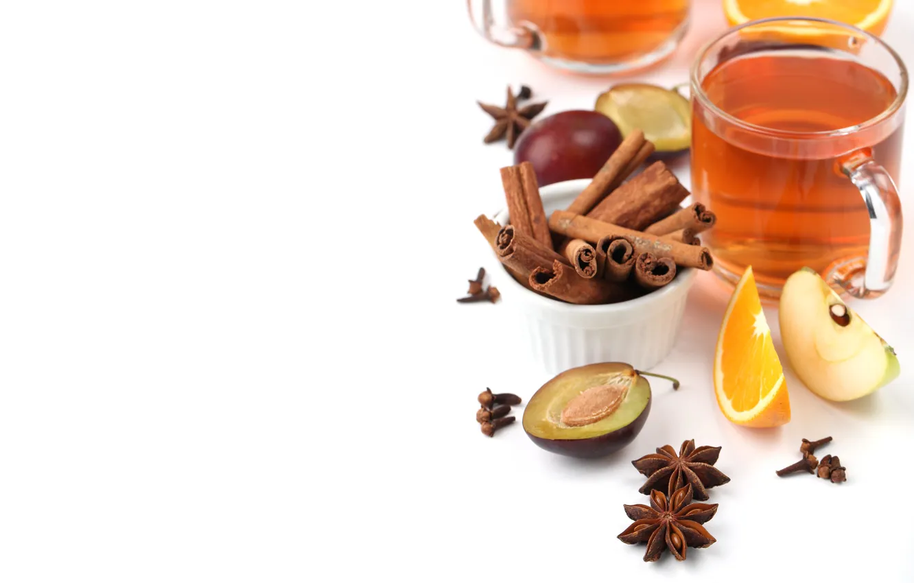 Photo wallpaper tea, Apple, orange, mug, drink, fruit, cinnamon, carnation
