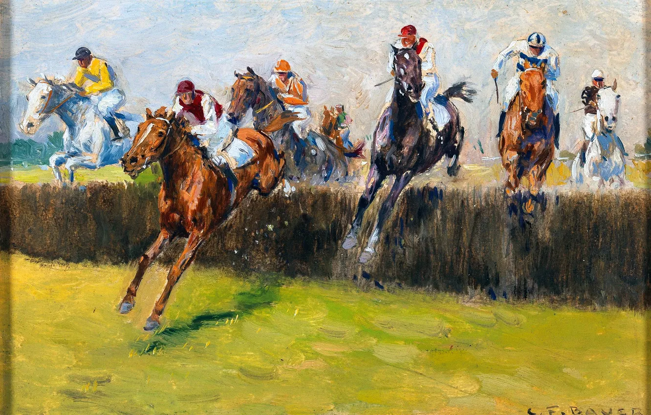 Photo wallpaper jump, horse, picture, running, jockey, Karl Franz Bauer, Carl Franz Bauer, Austrian battle artist and …