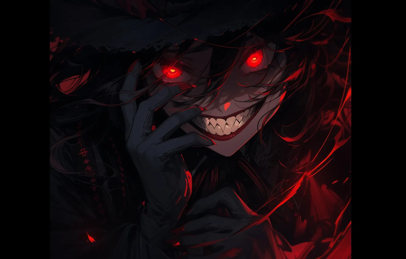 Photo wallpaper the demon, grin, madness, horror, burning eyes, in the dark, evil eye, hell of a …