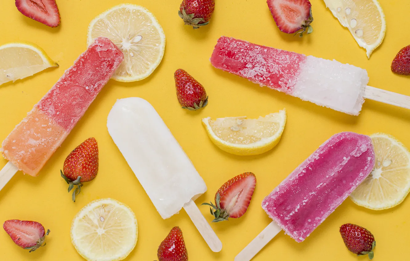 Photo wallpaper berries, lemon, strawberry, ice cream, yellow background, dessert, Popsicle, slices