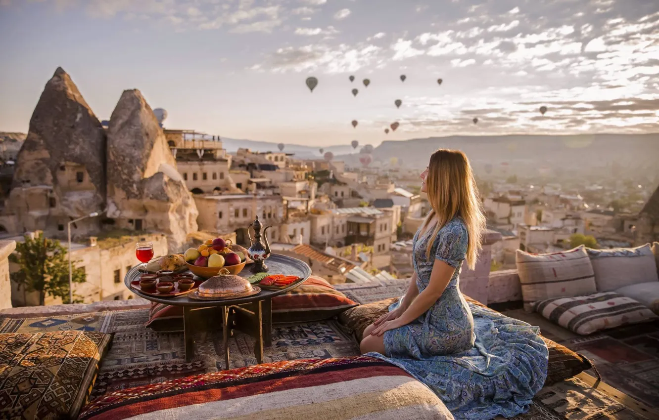 Photo wallpaper girl, mountains, table, balls, food, pillow, fruit