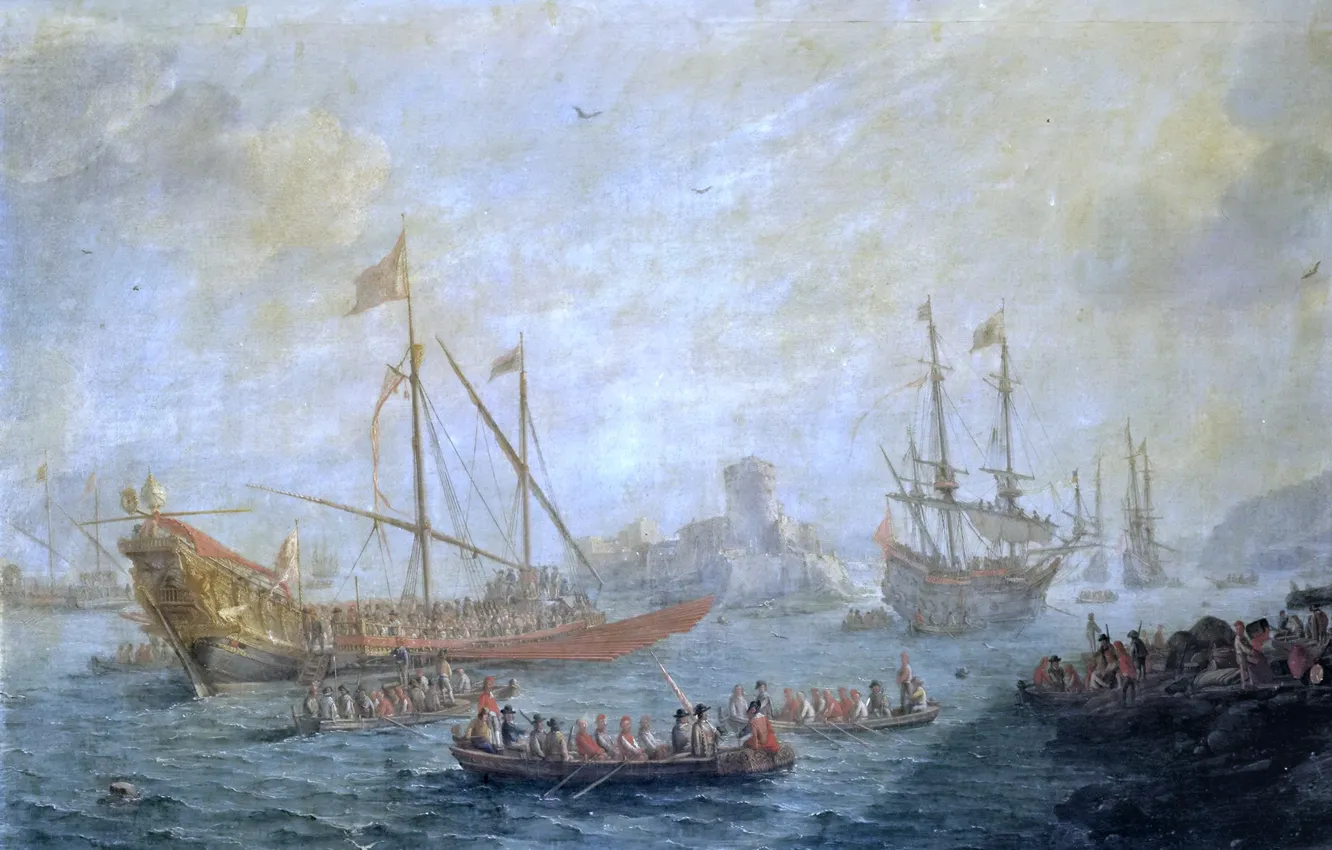 Photo wallpaper sea, boat, ship, picture, Gaspar van Eyck, Coastal Pesa