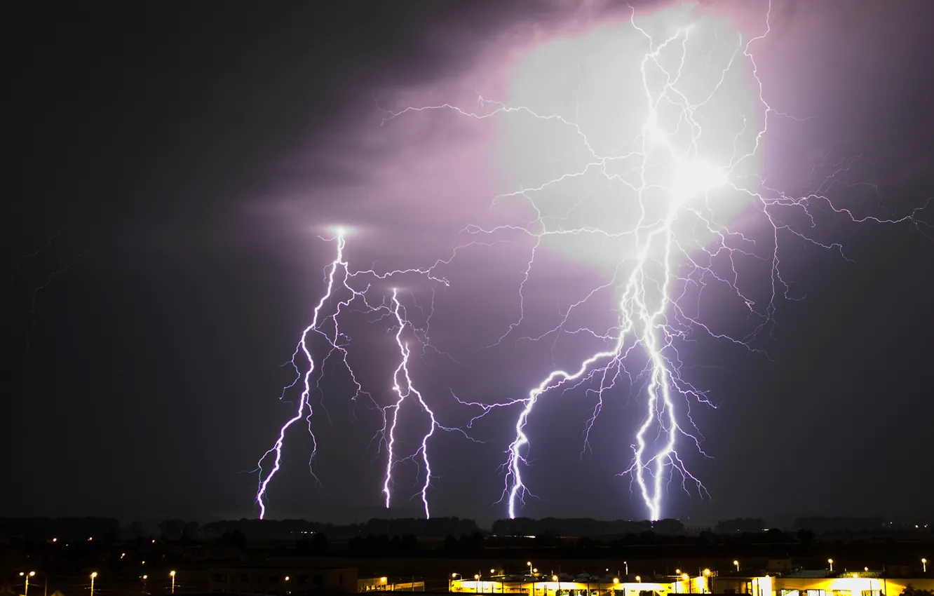 Photo wallpaper the storm, the sky, night, clouds, the city, lights, lightning, home