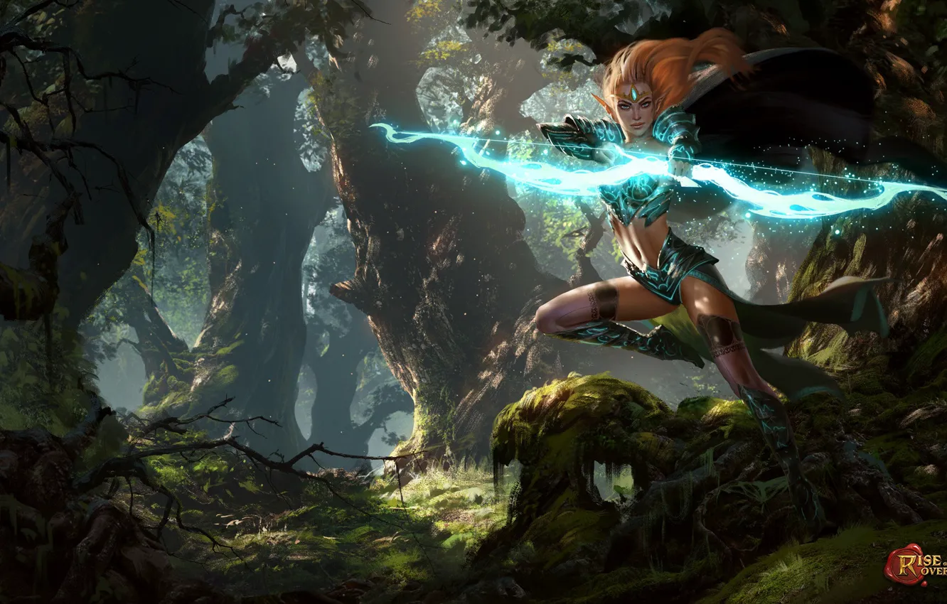 Photo wallpaper forest, girl, fantasy, magic, elf, the game, bow, Archer