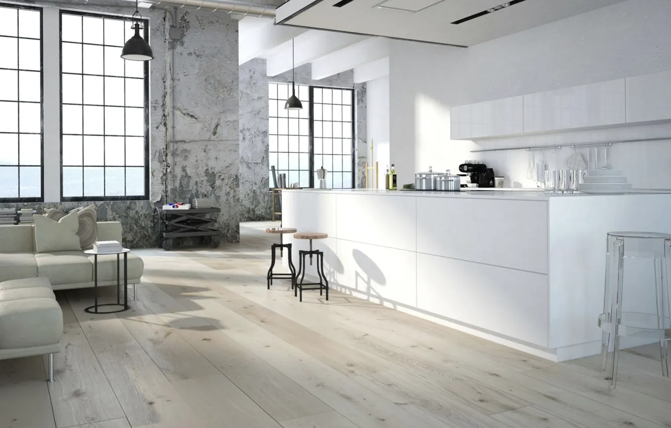 Photo wallpaper design, interior, kitchen, living room, modern loft, industrial style