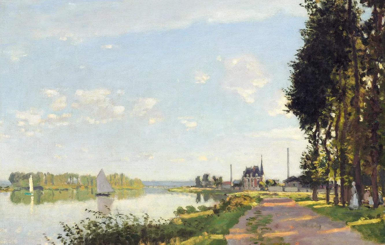 Photo wallpaper landscape, river, boat, picture, sail, Claude Monet, The walk at Argenteuil