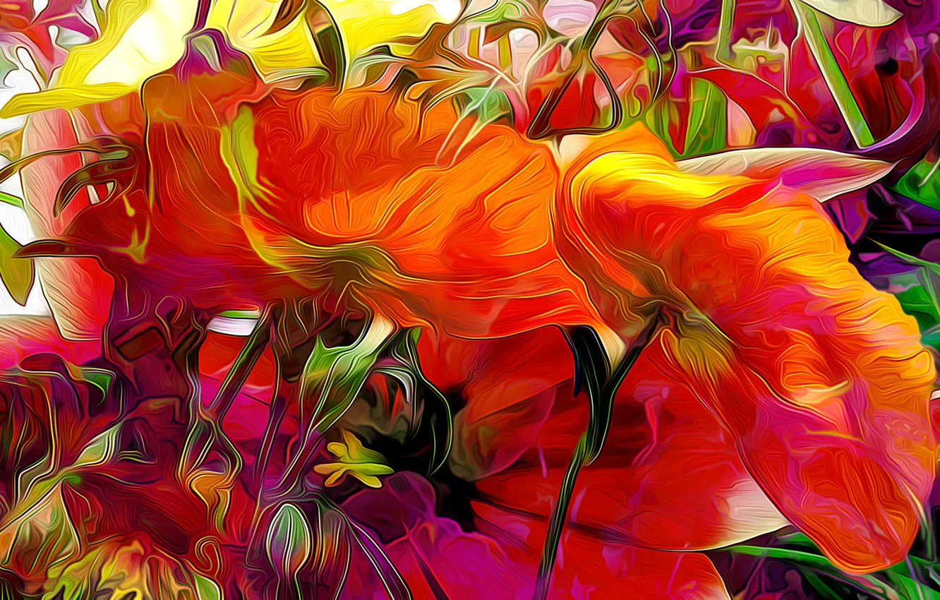 Photo wallpaper line, flowers, rendering, paint, petals