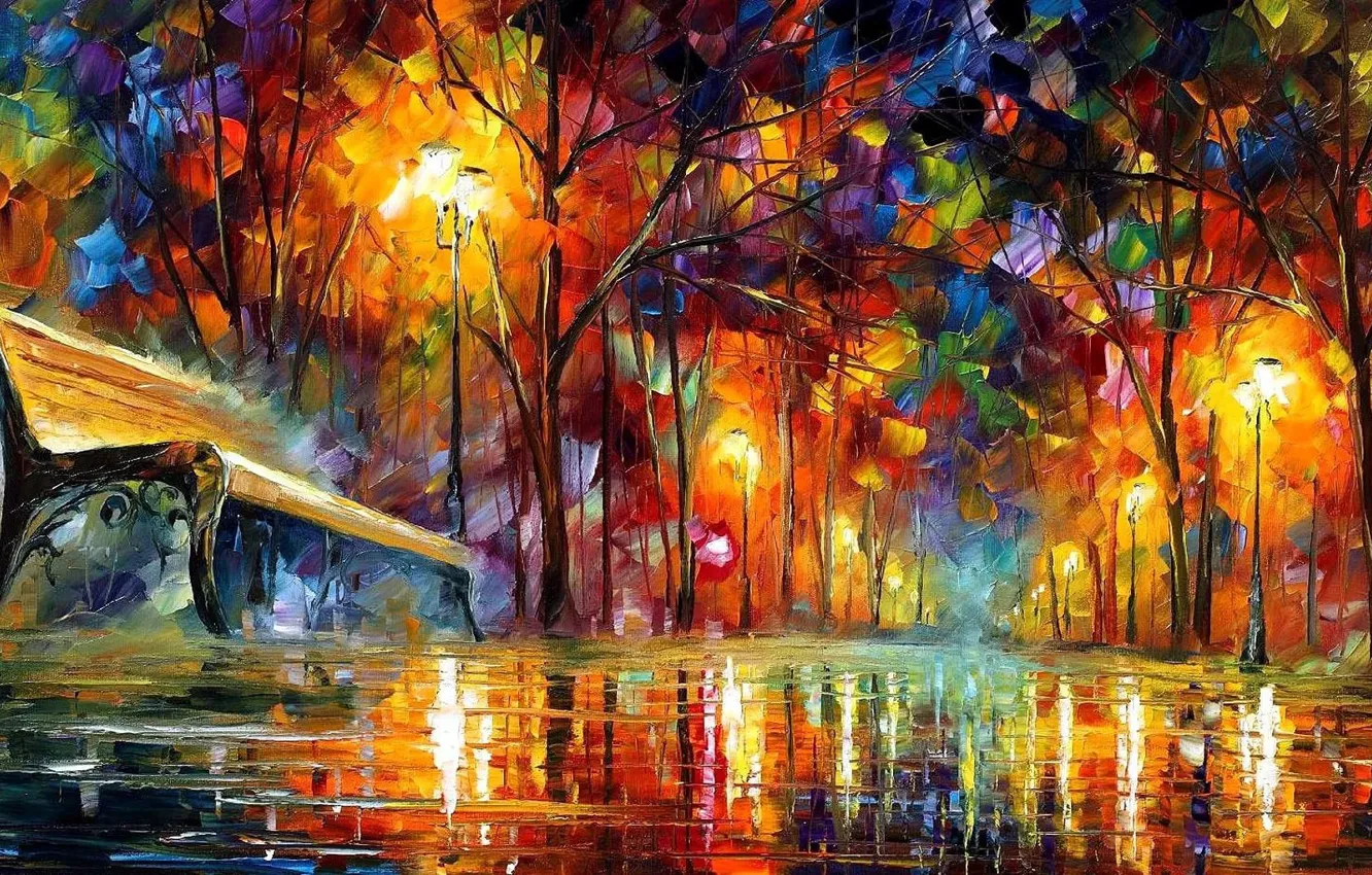 Photo wallpaper Park, rain, alley, Leonid Afremov, impressionism