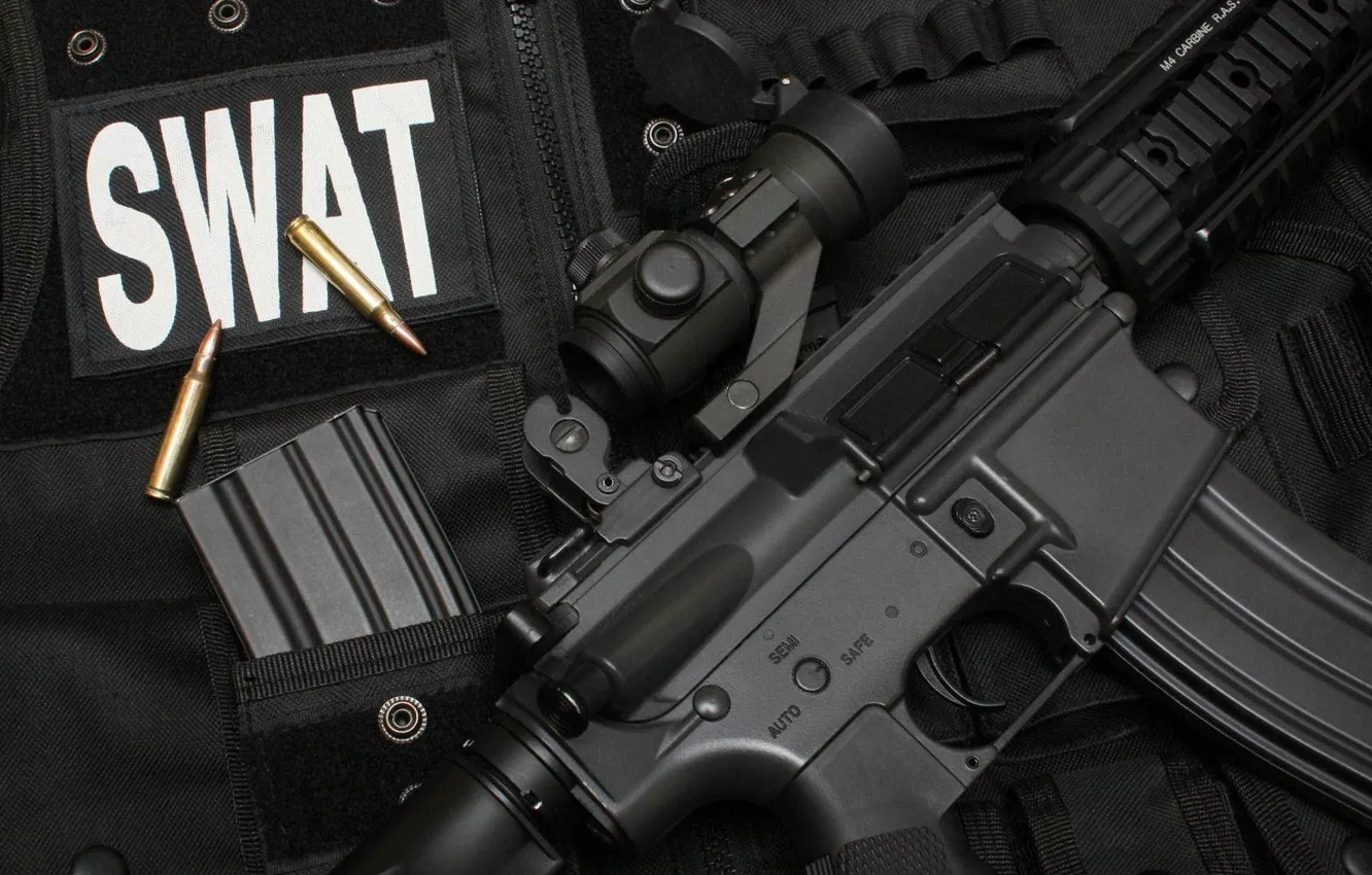 Photo wallpaper weapons, machine, sight, shop, vest, SWAT, carabiner, aimpoint