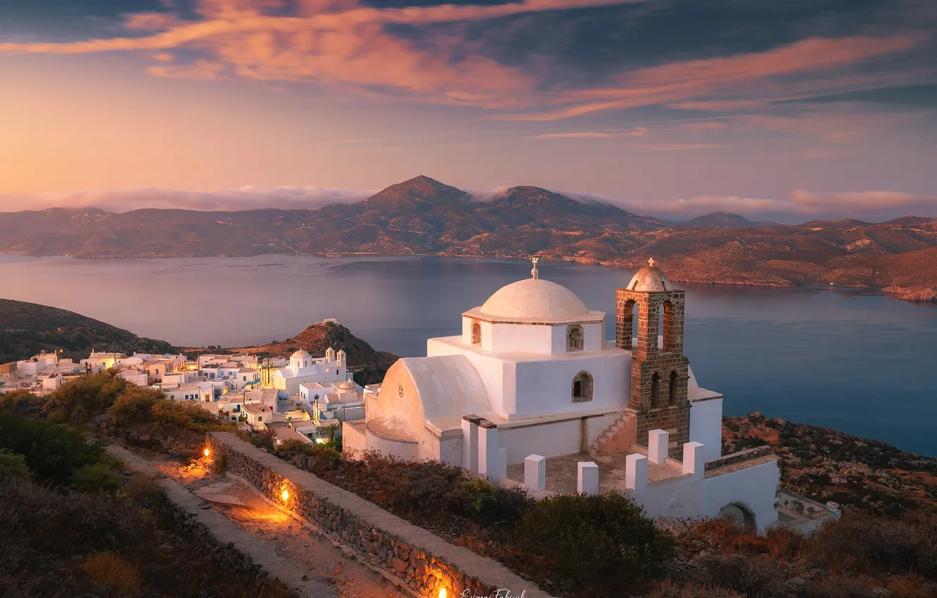 Photo wallpaper sea, mountains, Bay, Greece, village, Church, Greece, Milos