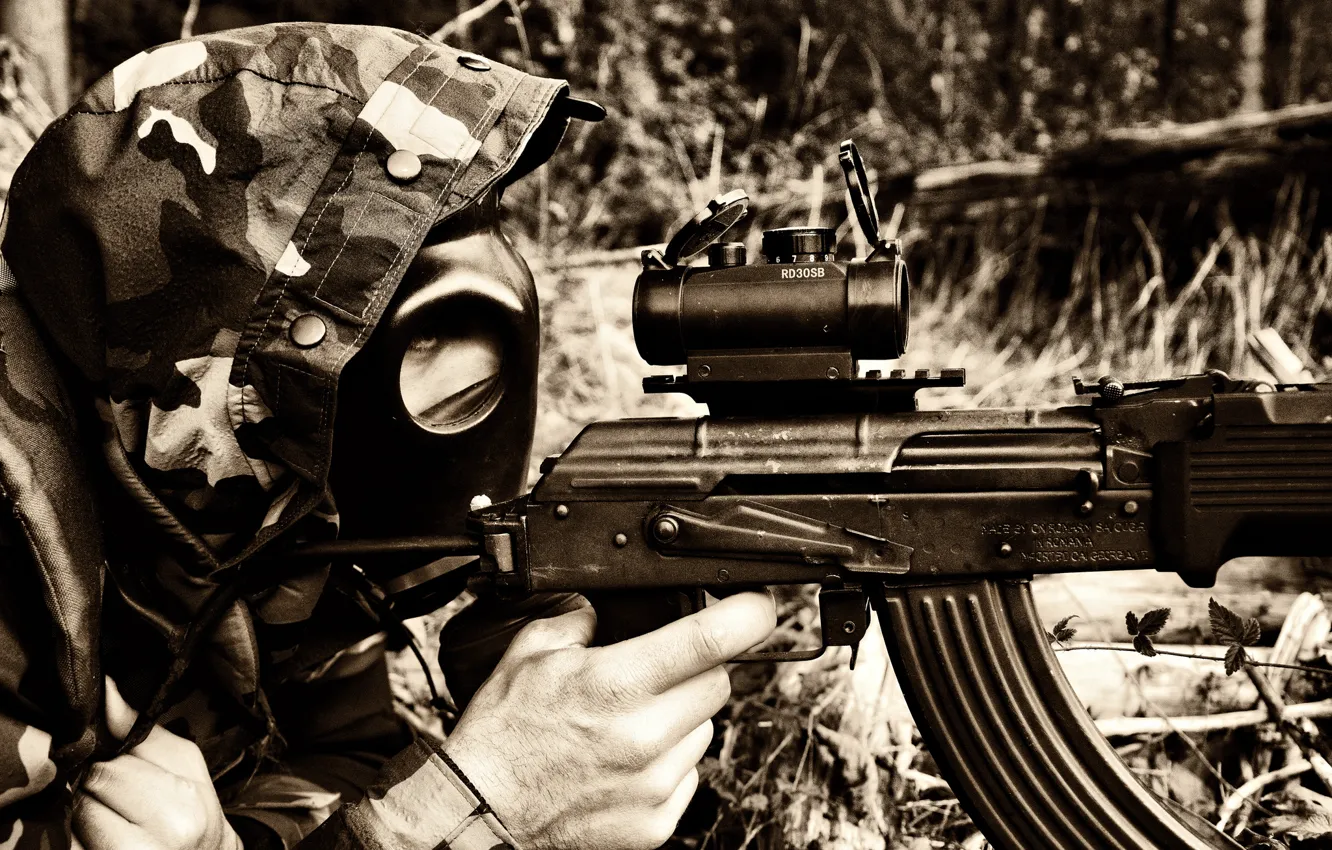 Photo wallpaper weapons, ambush, machine, hood, gas mask, male, camouflage