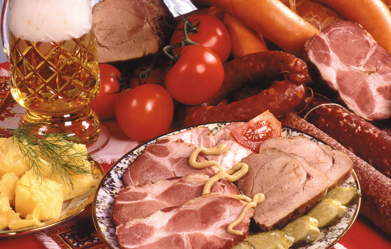 Photo wallpaper photo, Beer, Tomatoes, Food, Sausage, Ham, Meat products