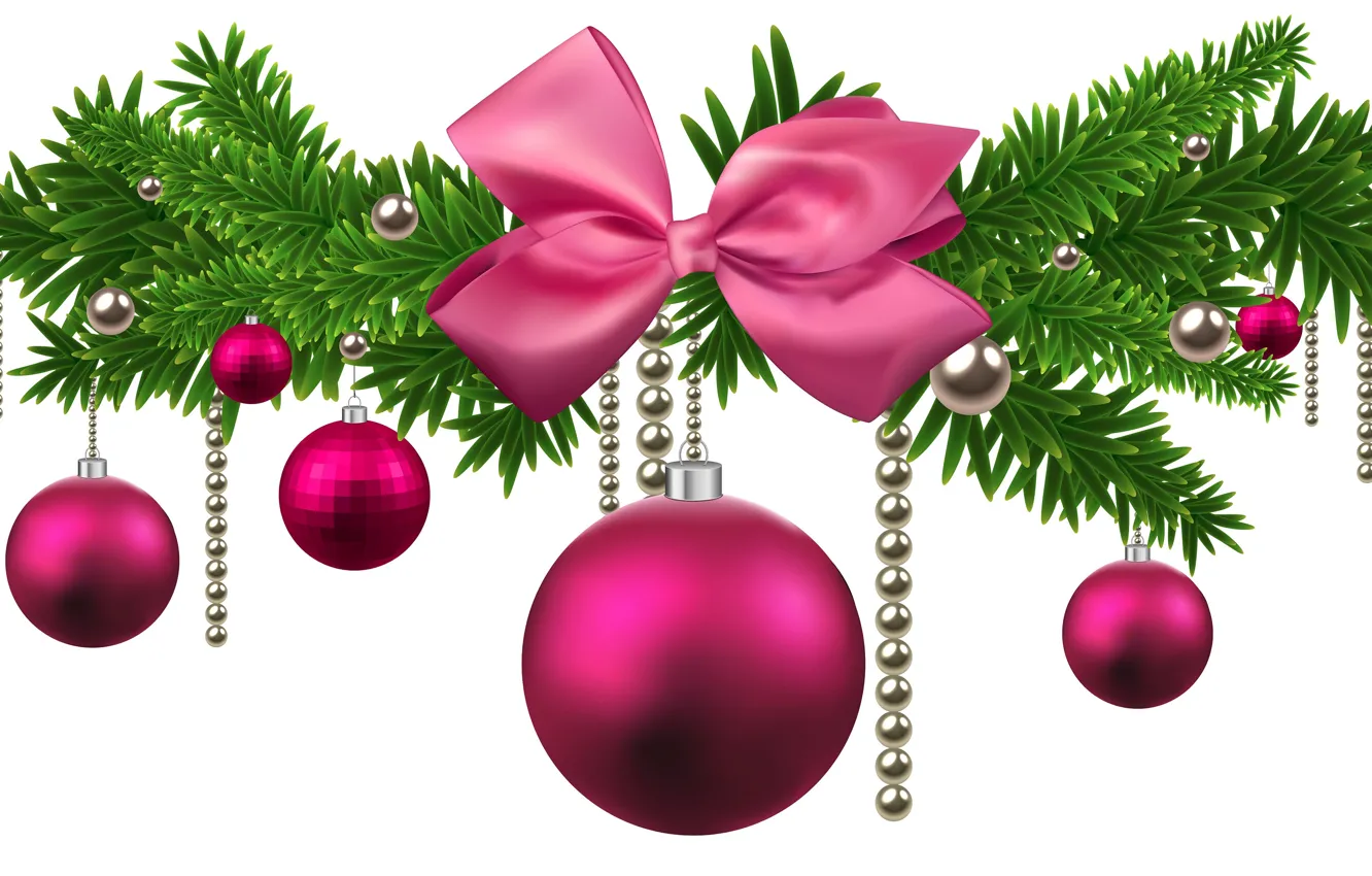 Photo wallpaper balls, tree, New year, beads, decoration, pink, bow