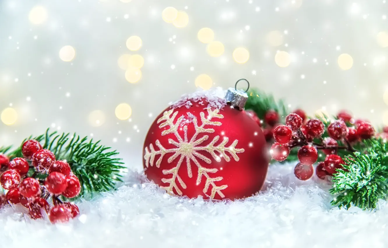 Photo wallpaper red, holiday, ball, fruit, Christmas, New year, bokeh, Christmas toy