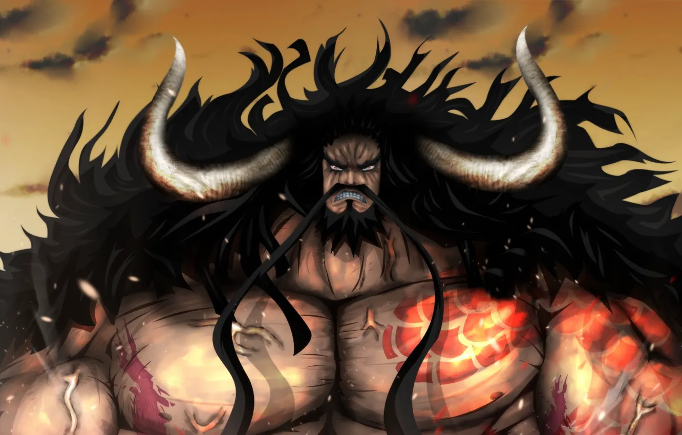 Photo wallpaper fire, flame, game, One Piece, horns, sky, long hair, pirate