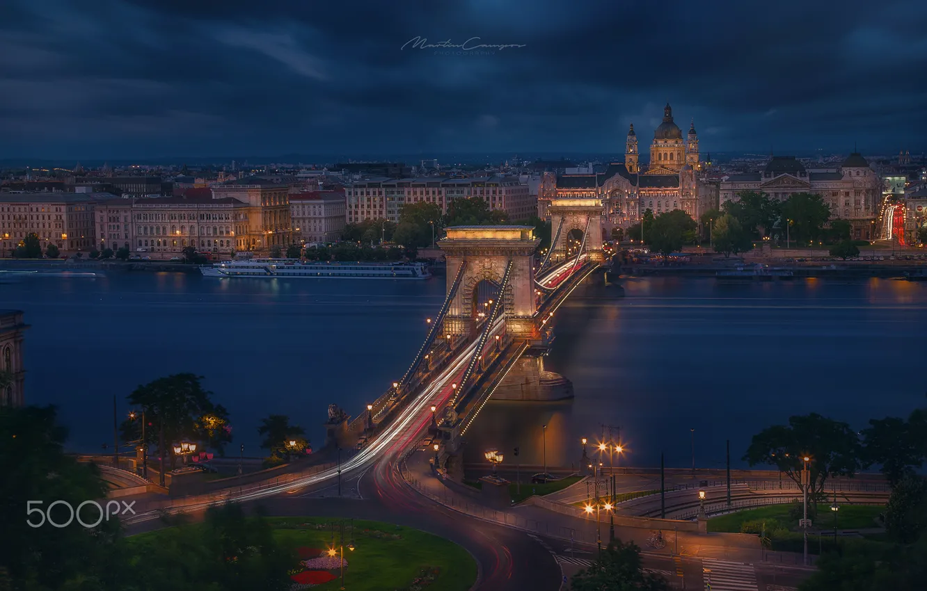 Photo wallpaper bridge, lights, the evening, Budapest