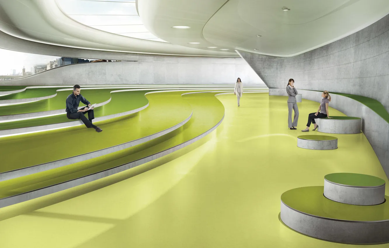 Photo wallpaper green, style, modern, people, room, rendering, stage