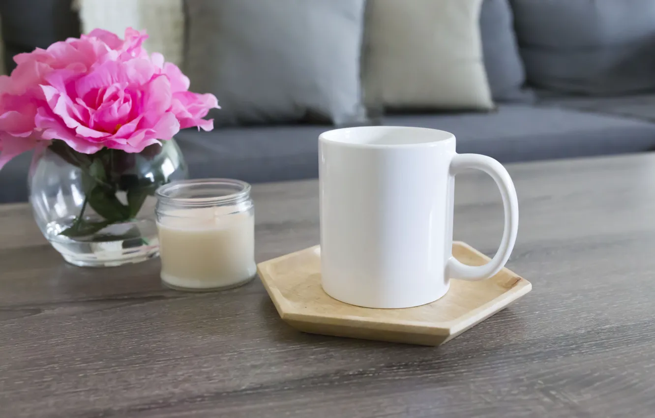 Photo wallpaper pink, pink flowers, flowers, coffee, mug