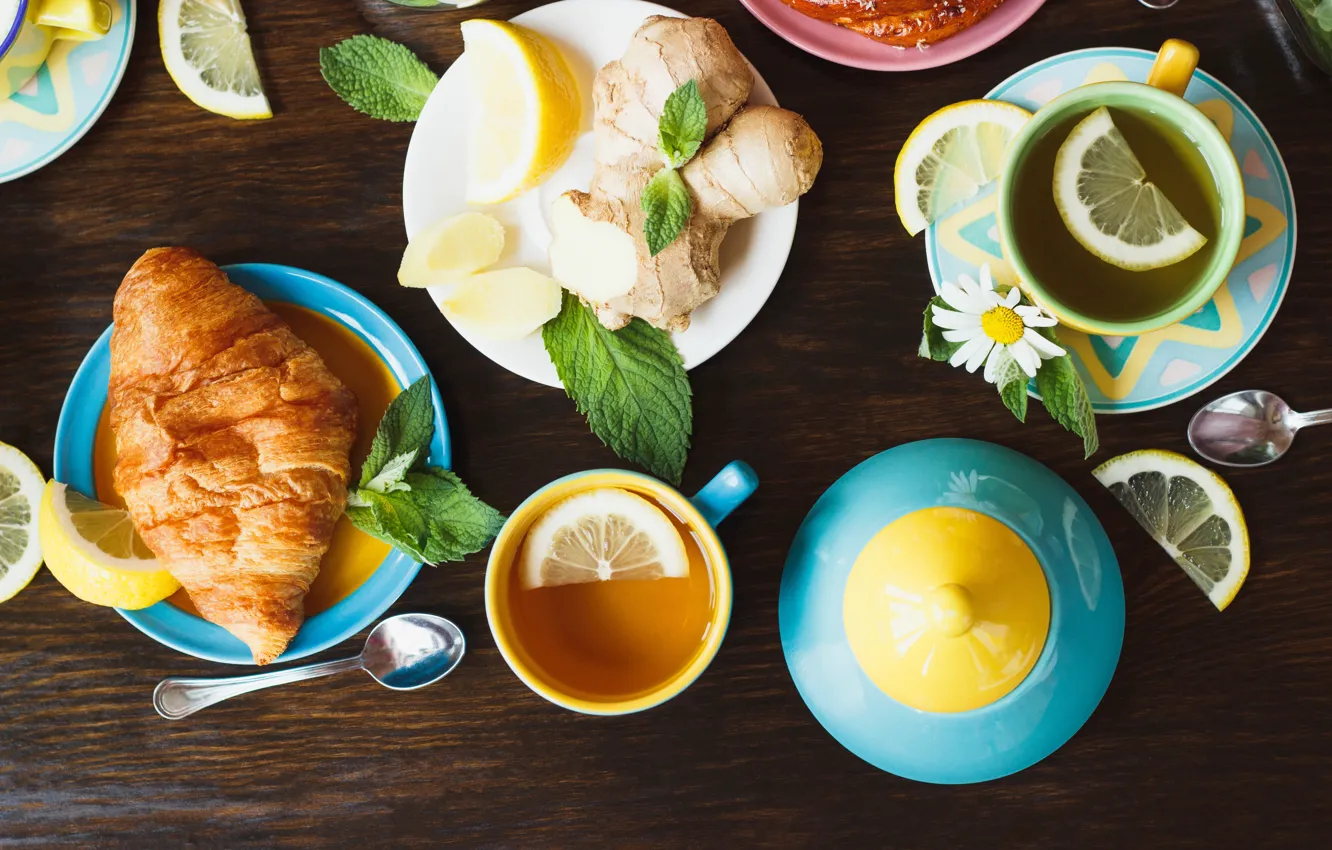 Photo wallpaper grass, lemon, tea, honey, Cup, lemon, honey, cakes