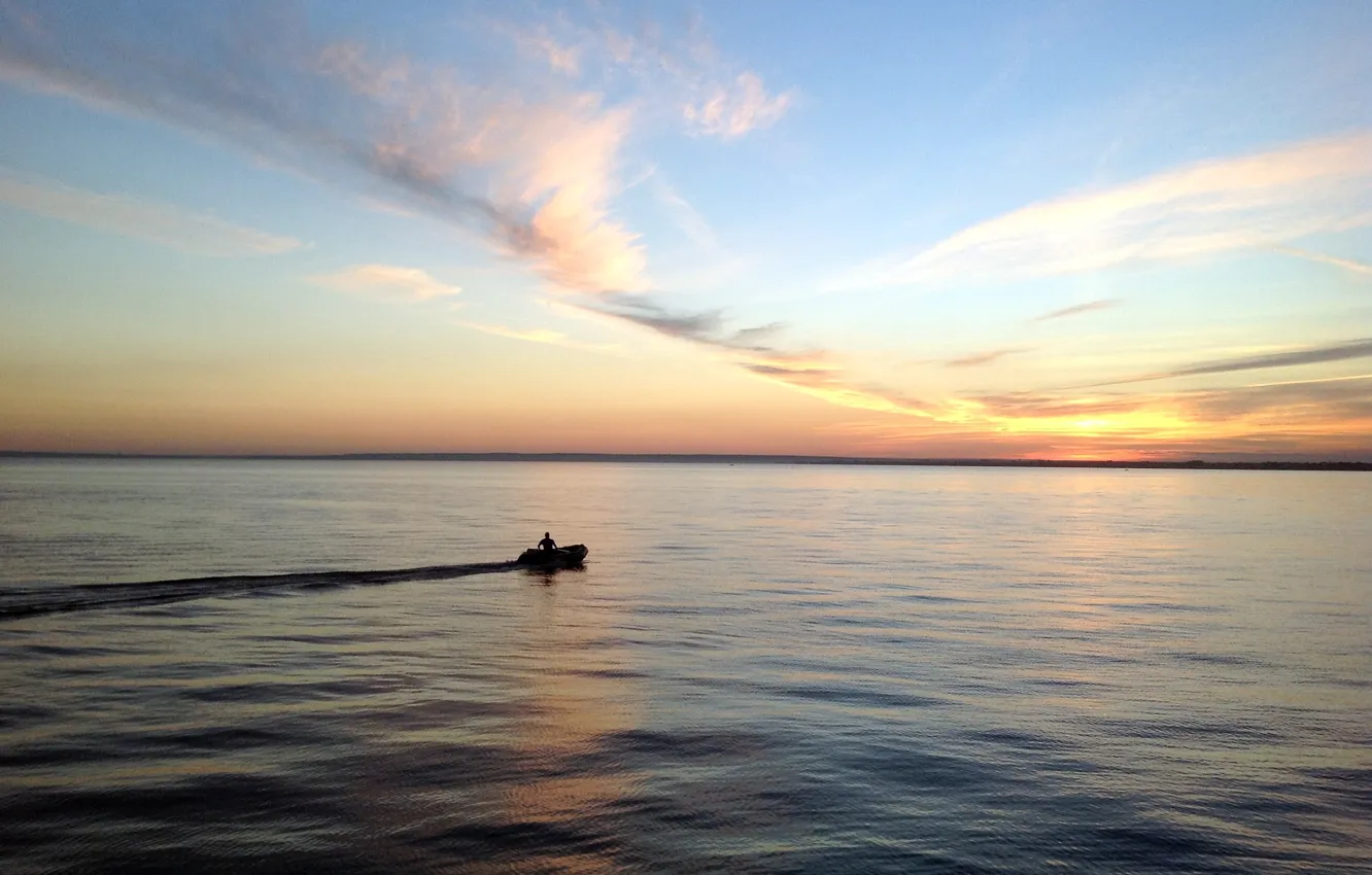 Photo wallpaper water, sunset, boat, people