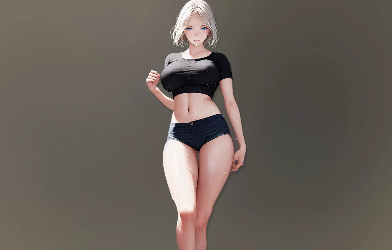 Photo wallpaper girl, sexy, shorts, anime, figure, blonde, blue eyes, big Breasts