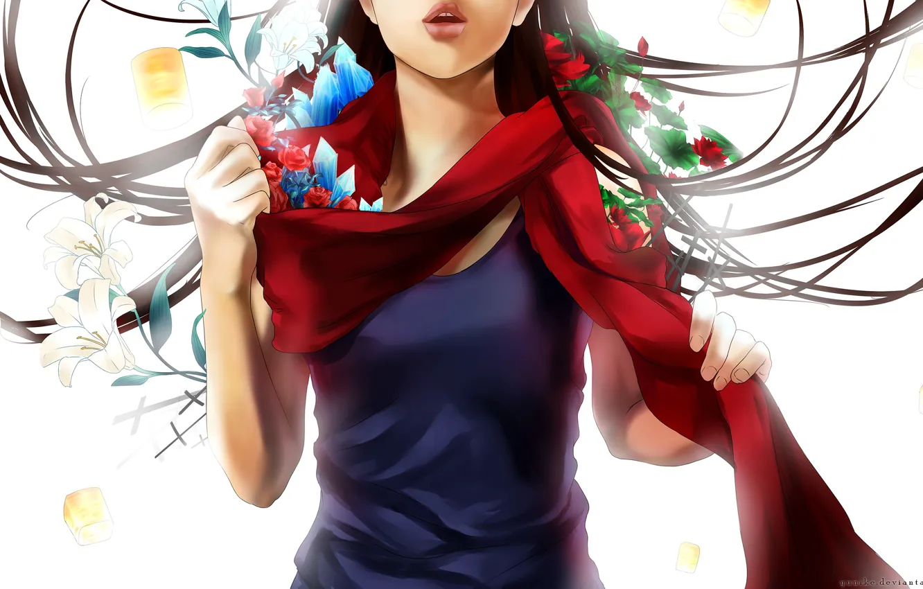 Photo wallpaper leaves, girl, flowers, anime, scarf, art, crystals, yuuike