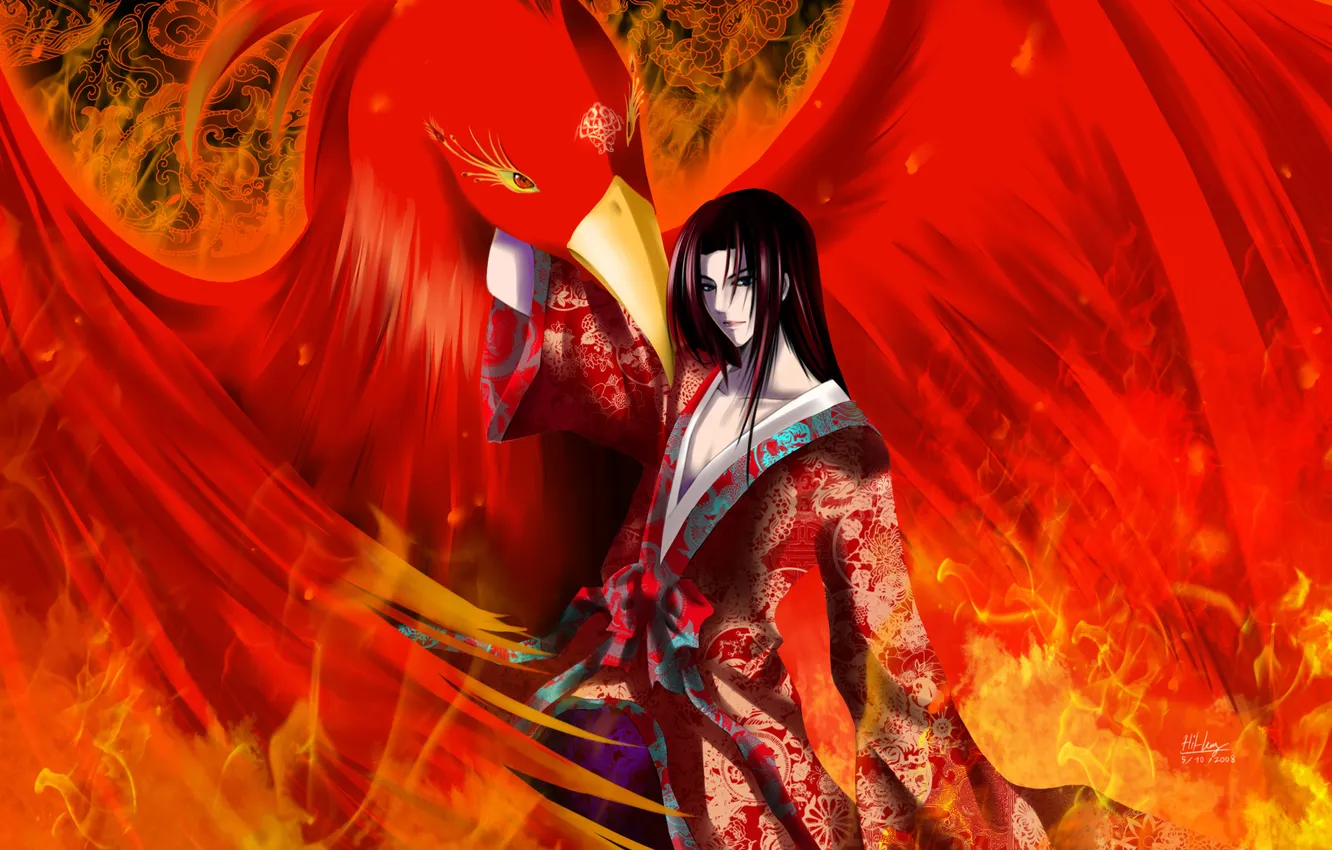 Photo wallpaper look, lights, flame, bird, hair, anime, guy, Phoenix