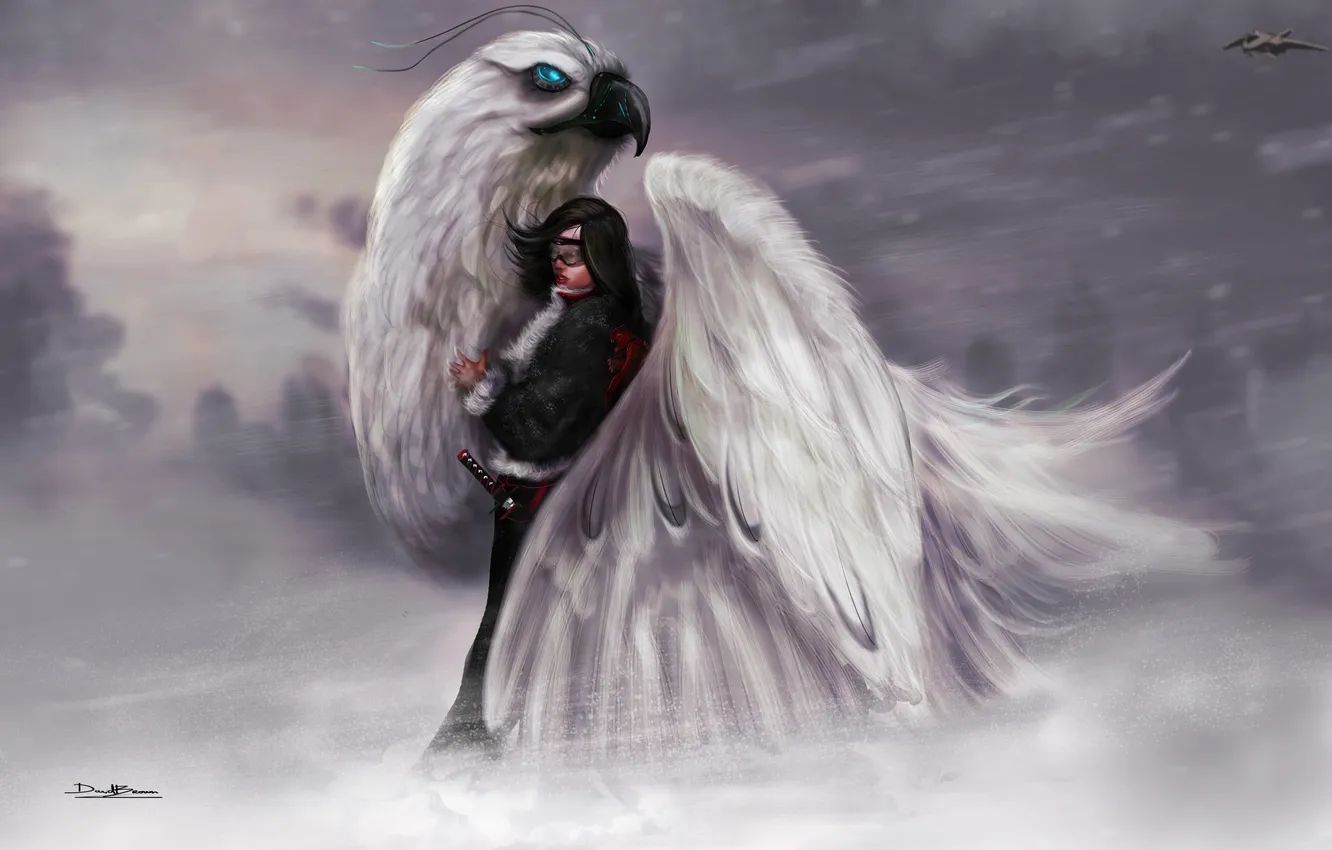 Photo wallpaper winter, girl, snow, bird, sword, fighter, art, glasses