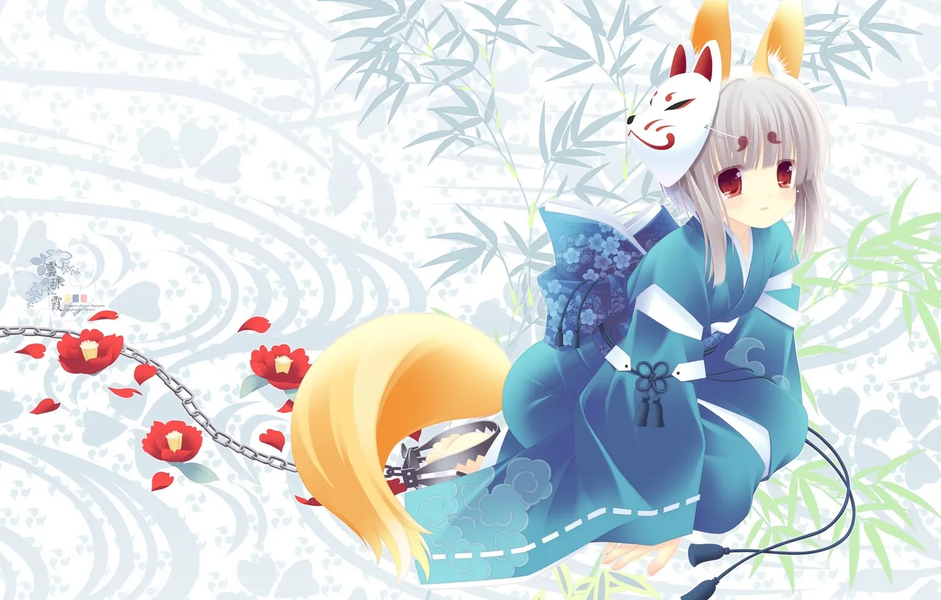 Photo wallpaper mask, girl, Fox, trap, ears, art, ponytail, hiiragi ryou