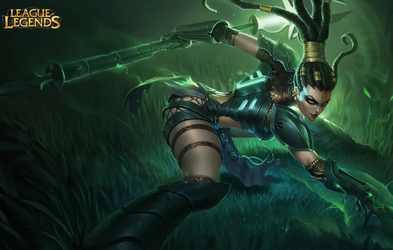 Photo wallpaper grass, girl, art, spear, nidalee, League of Legend