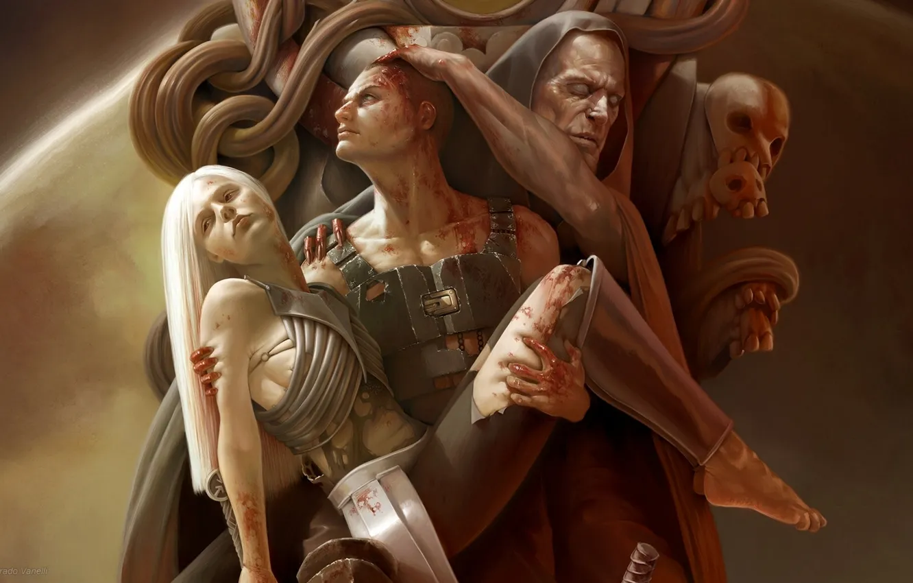 Photo wallpaper girl, blood, skull, Corrado Vanelli