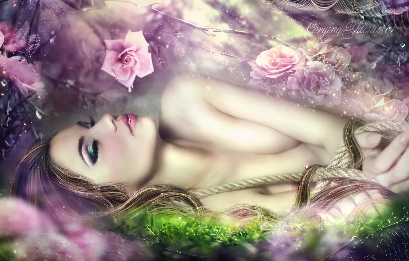Photo wallpaper grass, girl, flowers, Rosa, sleep, roses, web, rope