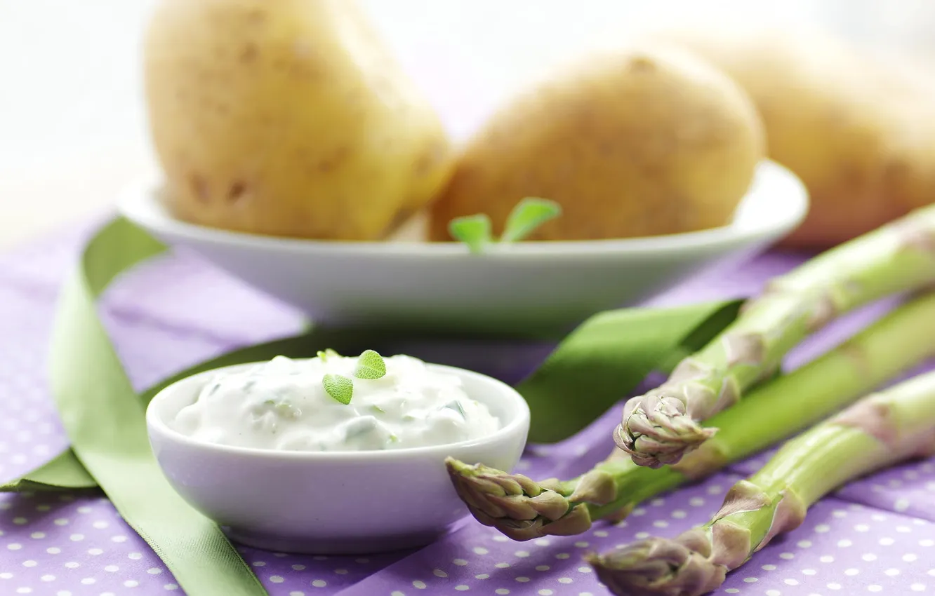 Photo wallpaper food, vegetables, sauce, potatoes, asparagus