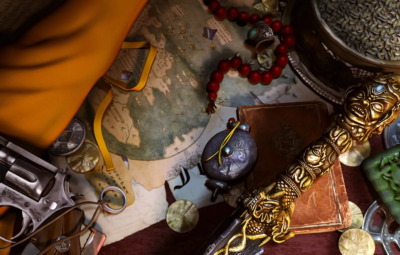 Photo wallpaper gun, map, shadow, dagger, jewelry